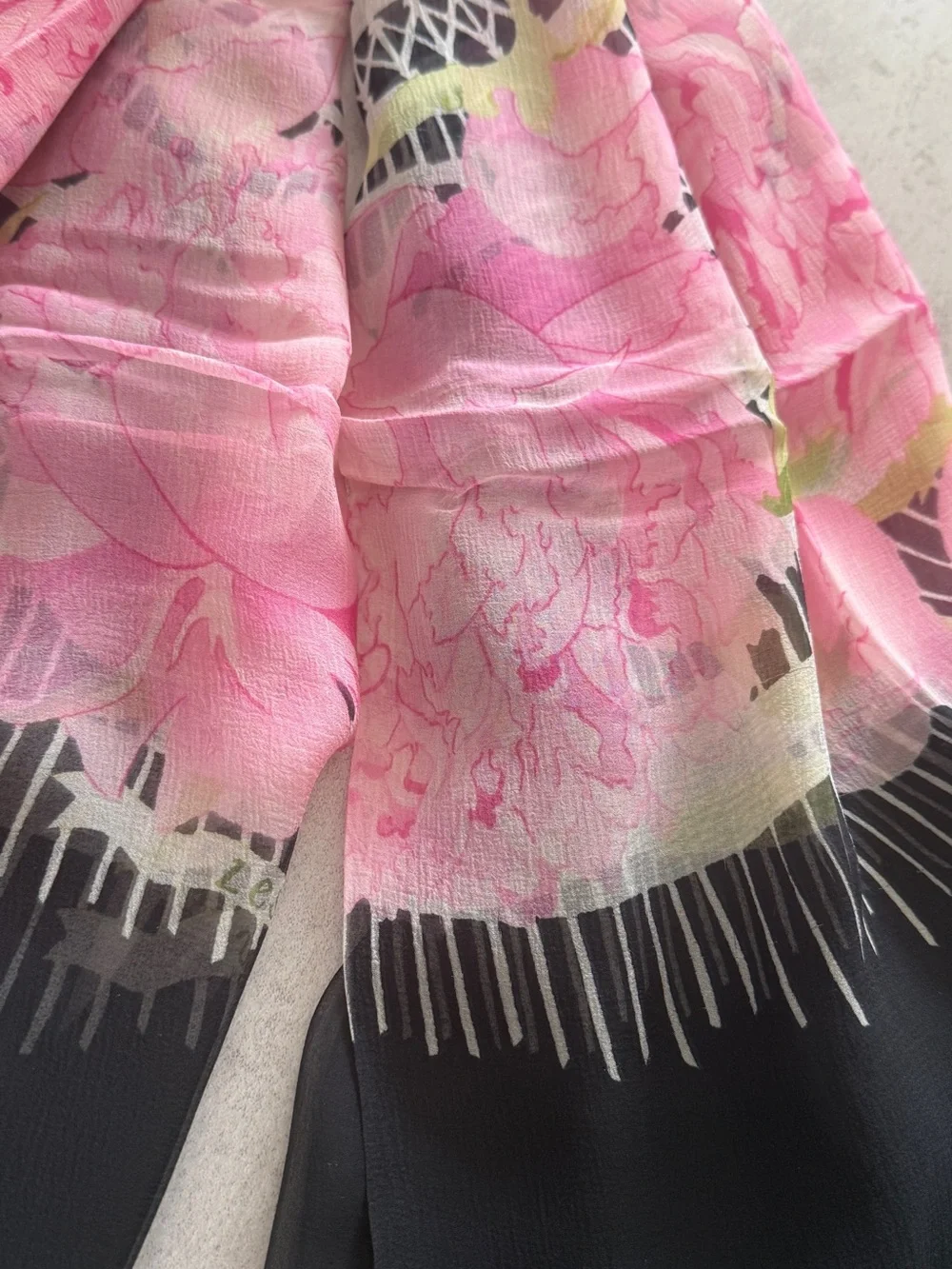 Hermes Pink Floral Silk Scarf with Black Border and Green Leaves